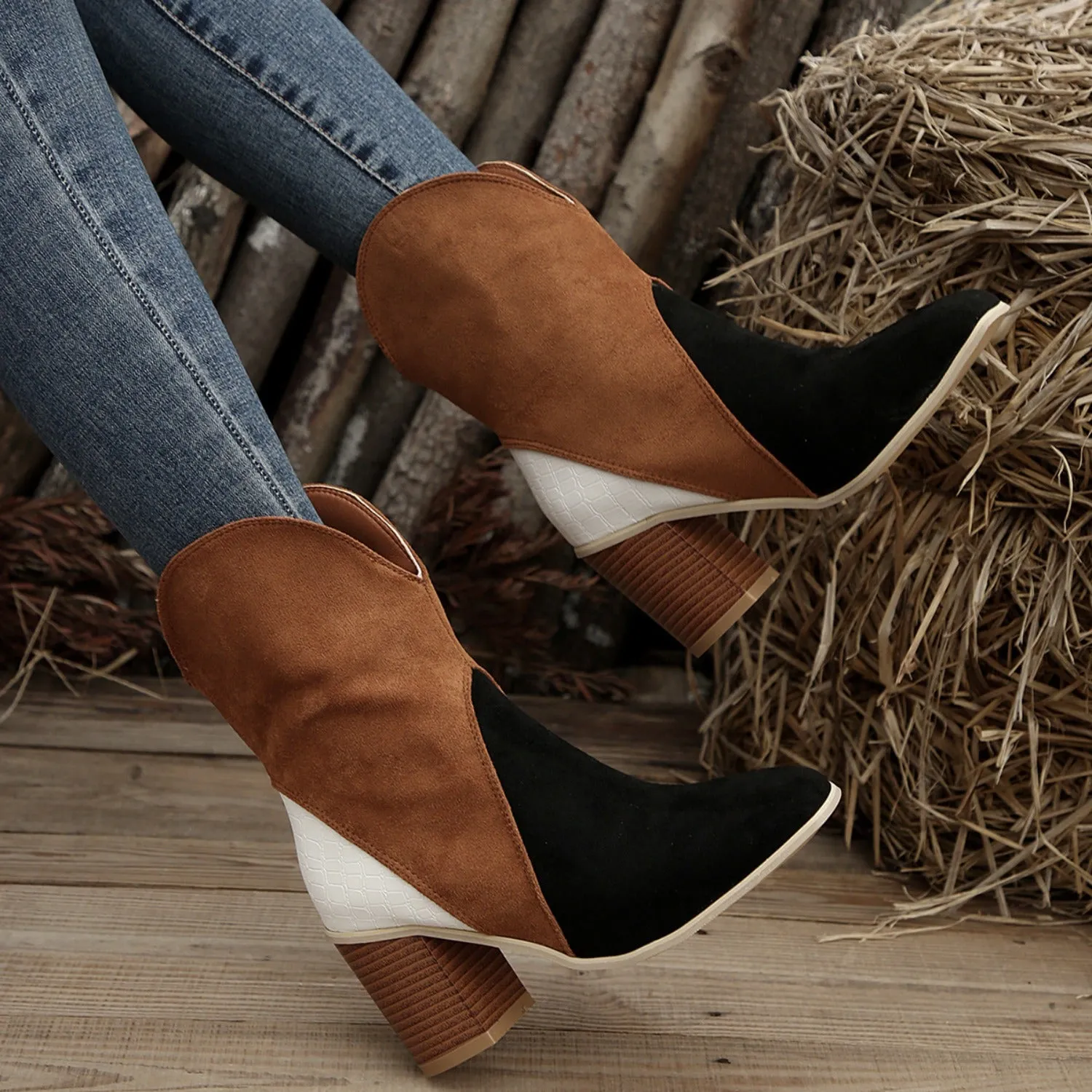 4 COLORS - Suede Square Toe Block Heel Boots