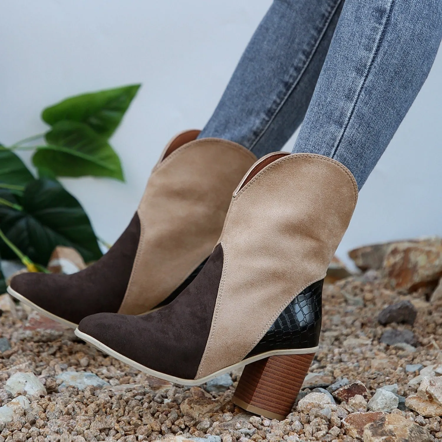 4 COLORS - Suede Square Toe Block Heel Boots