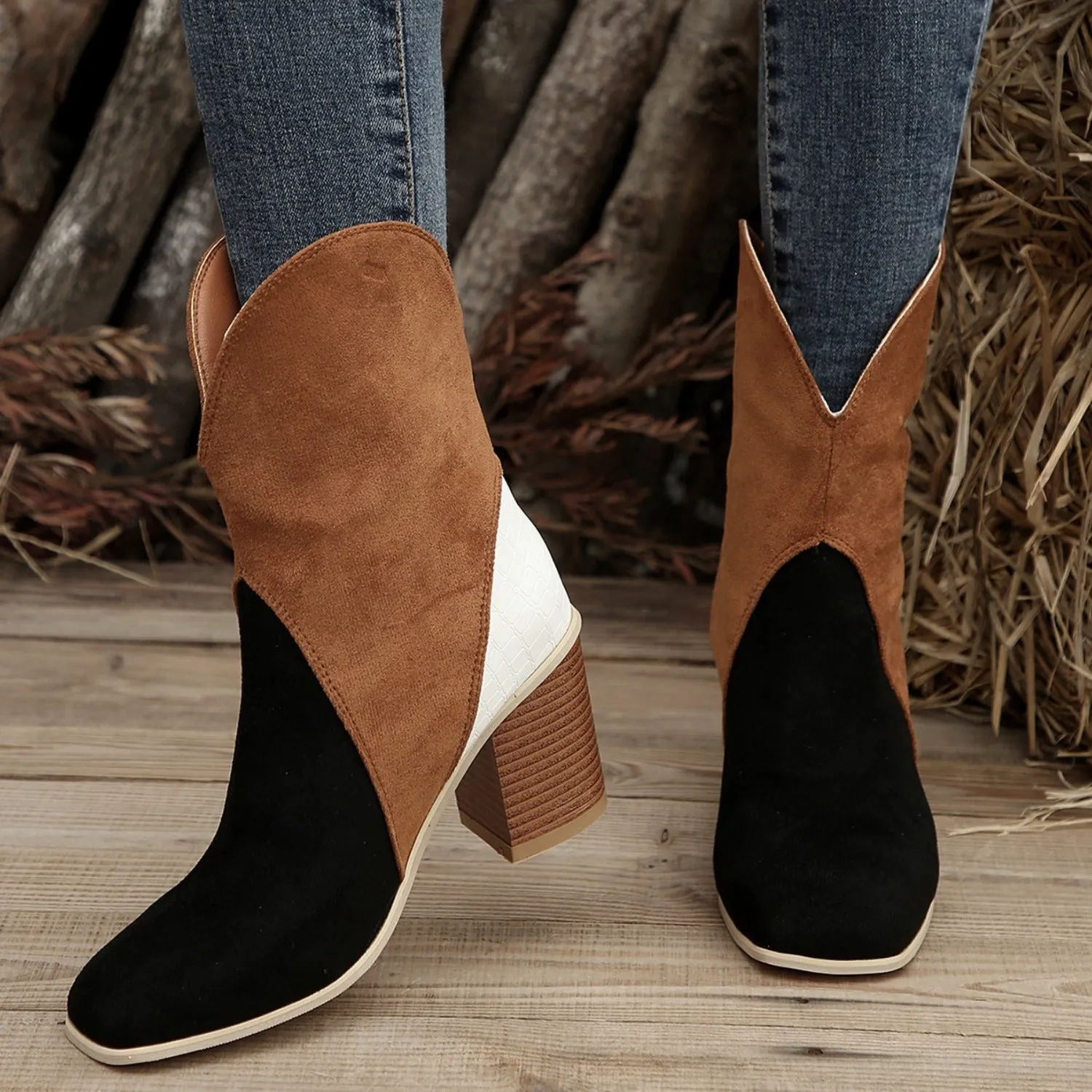 4 COLORS - Suede Square Toe Block Heel Boots