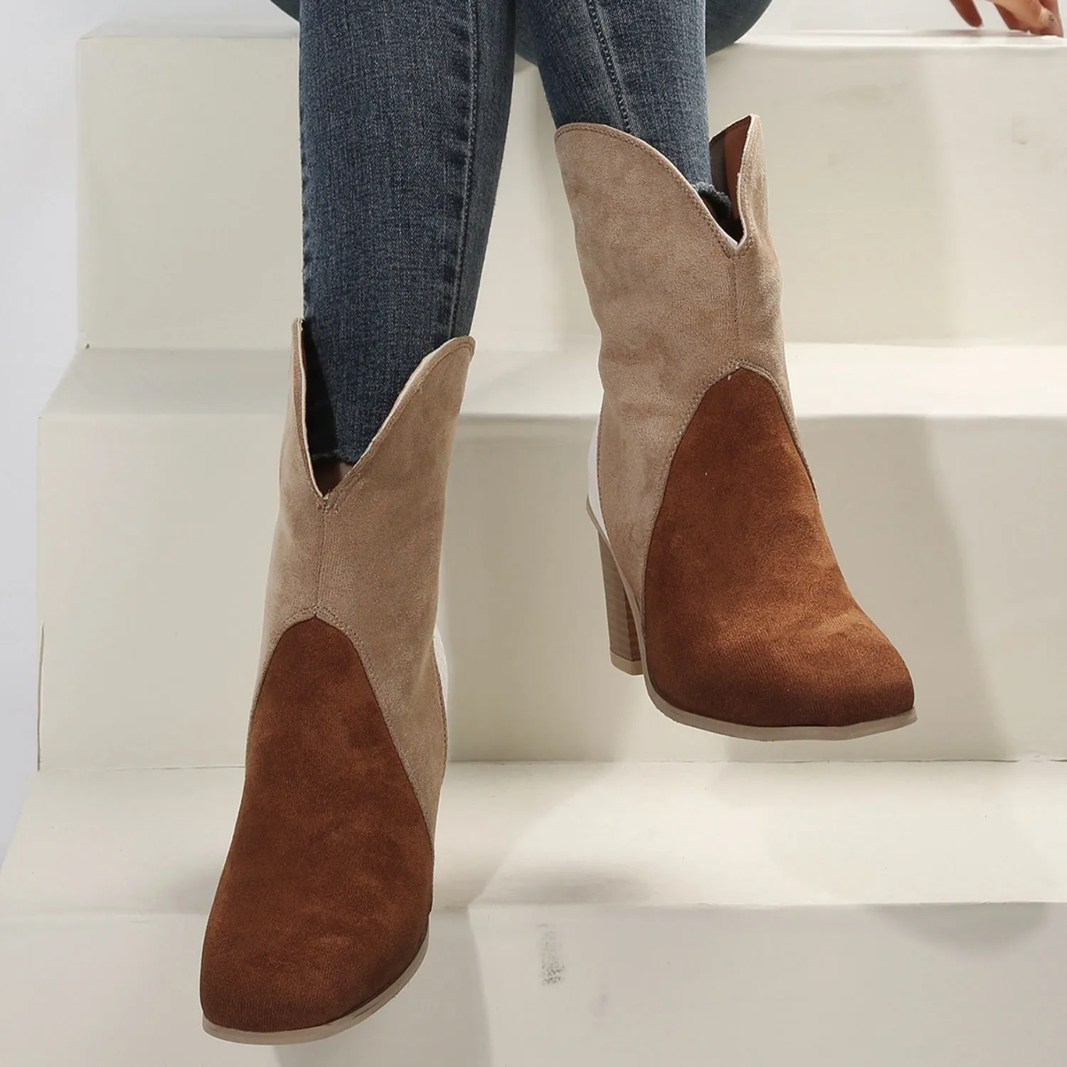 4 COLORS - Suede Square Toe Block Heel Boots