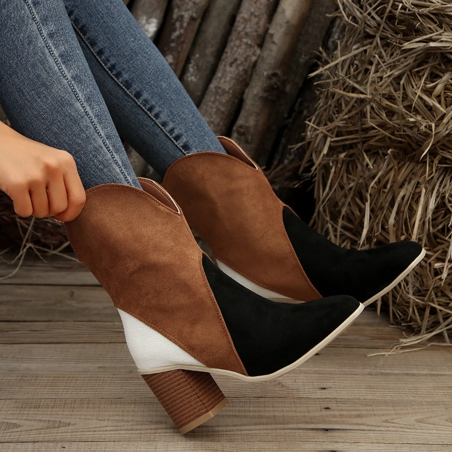 4 COLORS - Suede Square Toe Block Heel Boots
