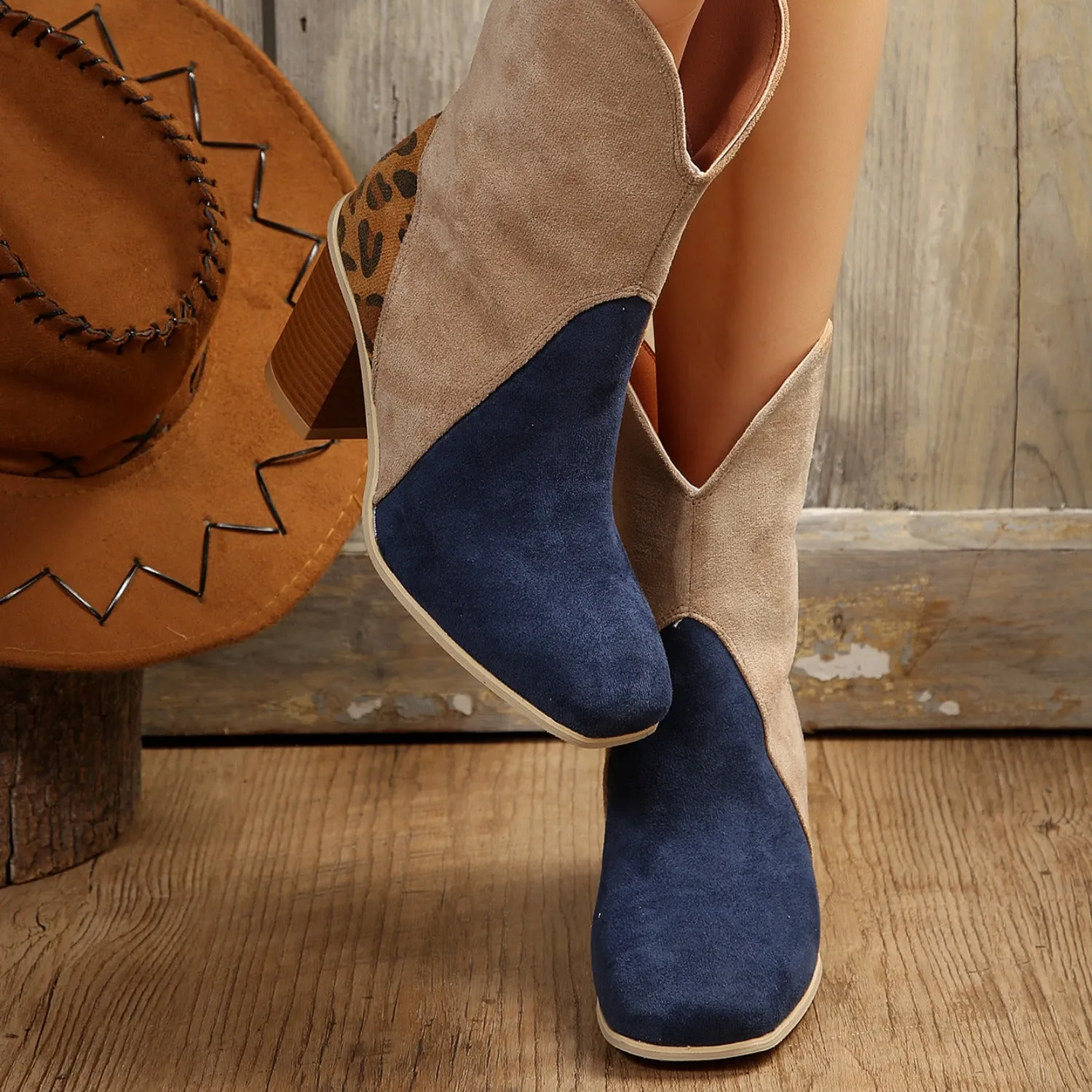 4 COLORS - Suede Square Toe Block Heel Boots