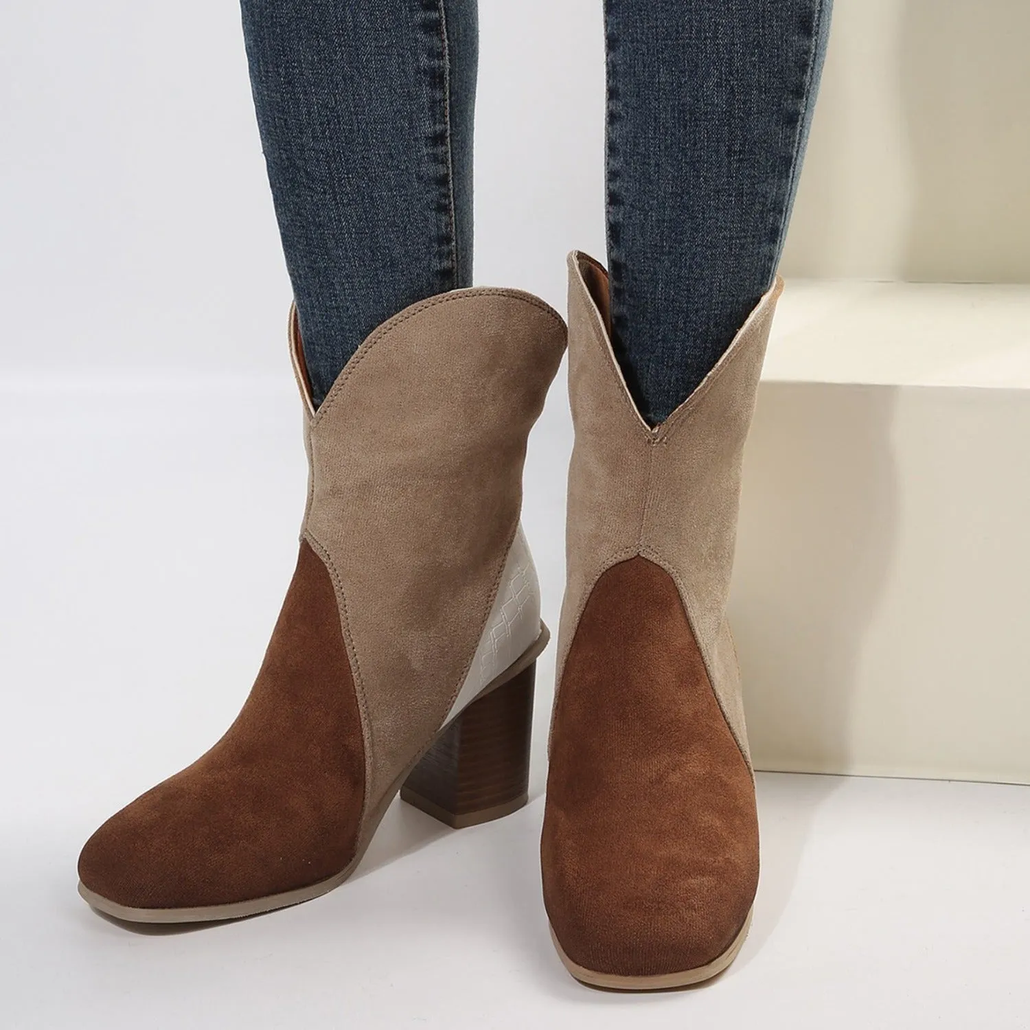 4 COLORS - Suede Square Toe Block Heel Boots