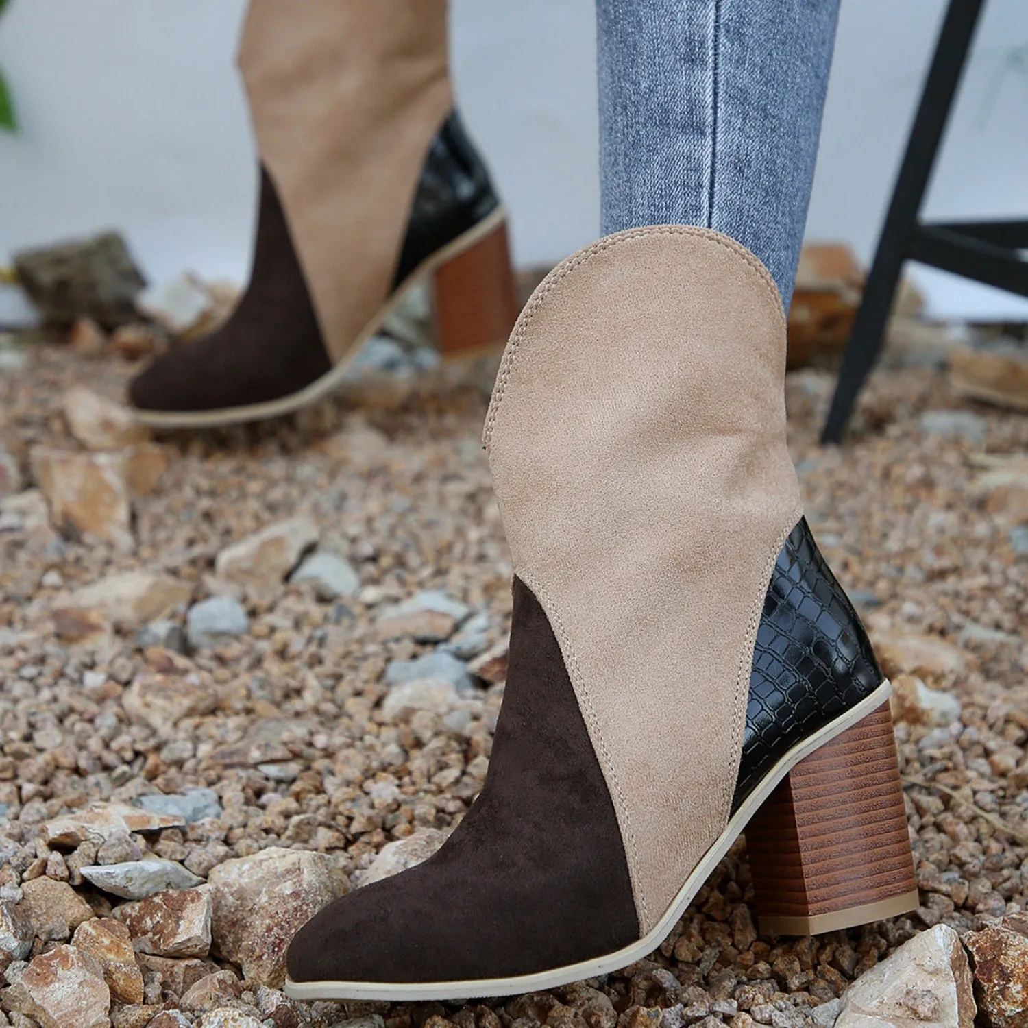4 COLORS - Suede Square Toe Block Heel Boots