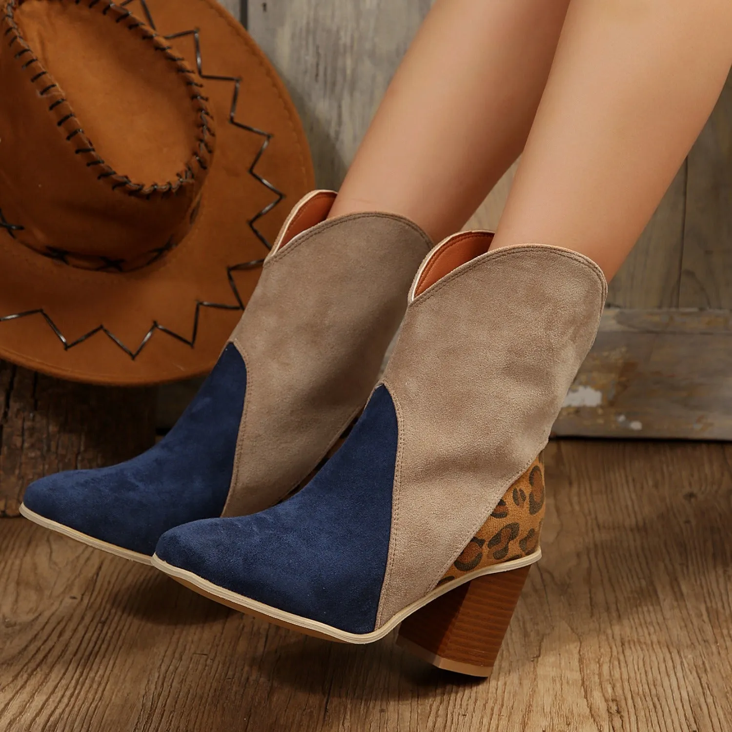 4 COLORS - Suede Square Toe Block Heel Boots
