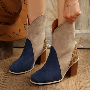 4 COLORS - Suede Square Toe Block Heel Boots
