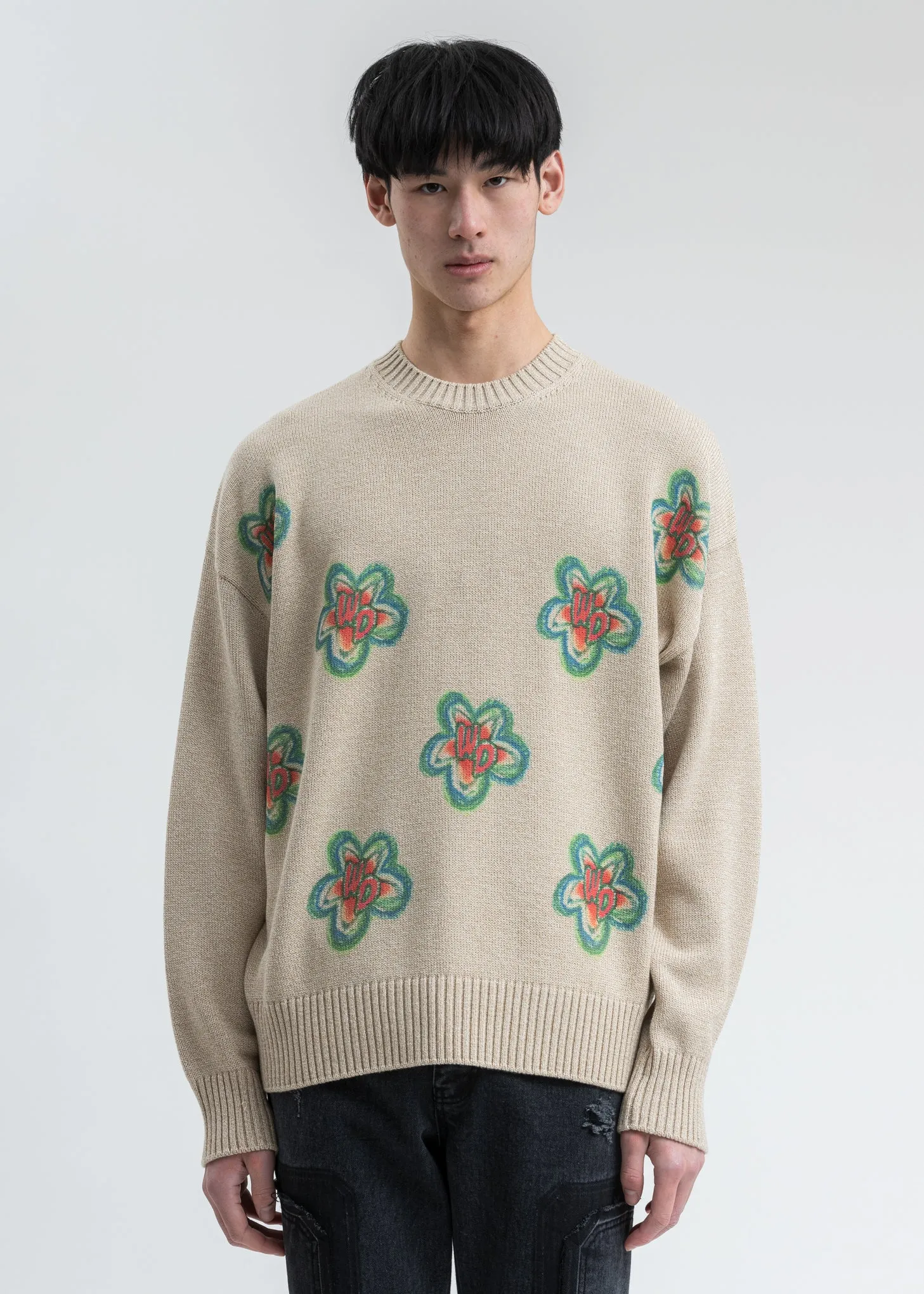 Beige WD Printed Knit Sweater