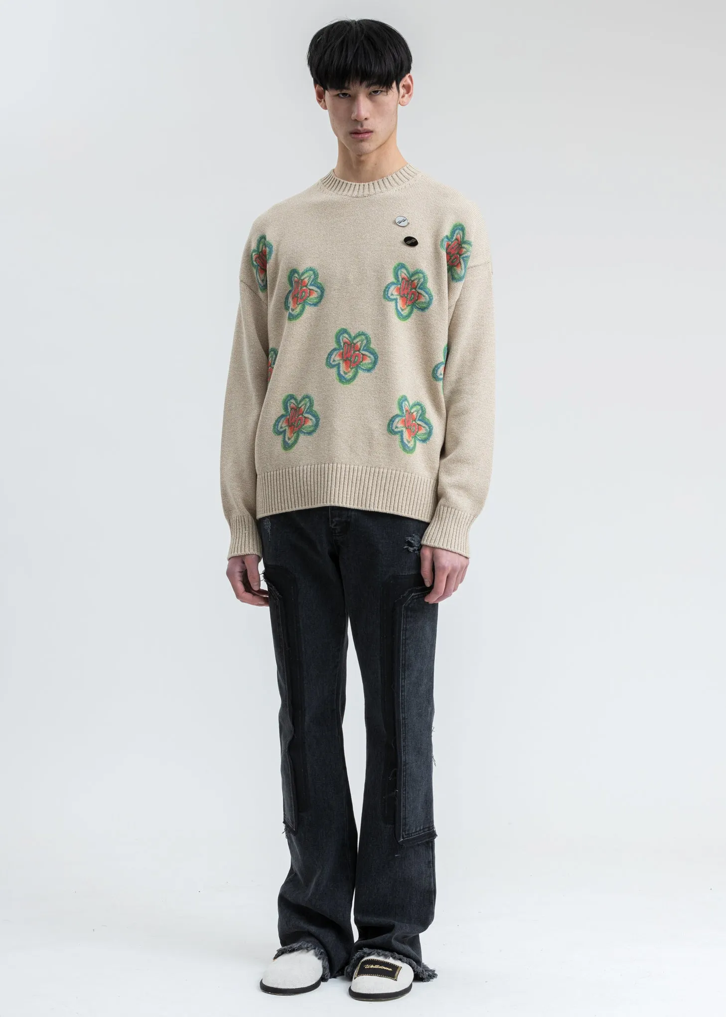 Beige WD Printed Knit Sweater