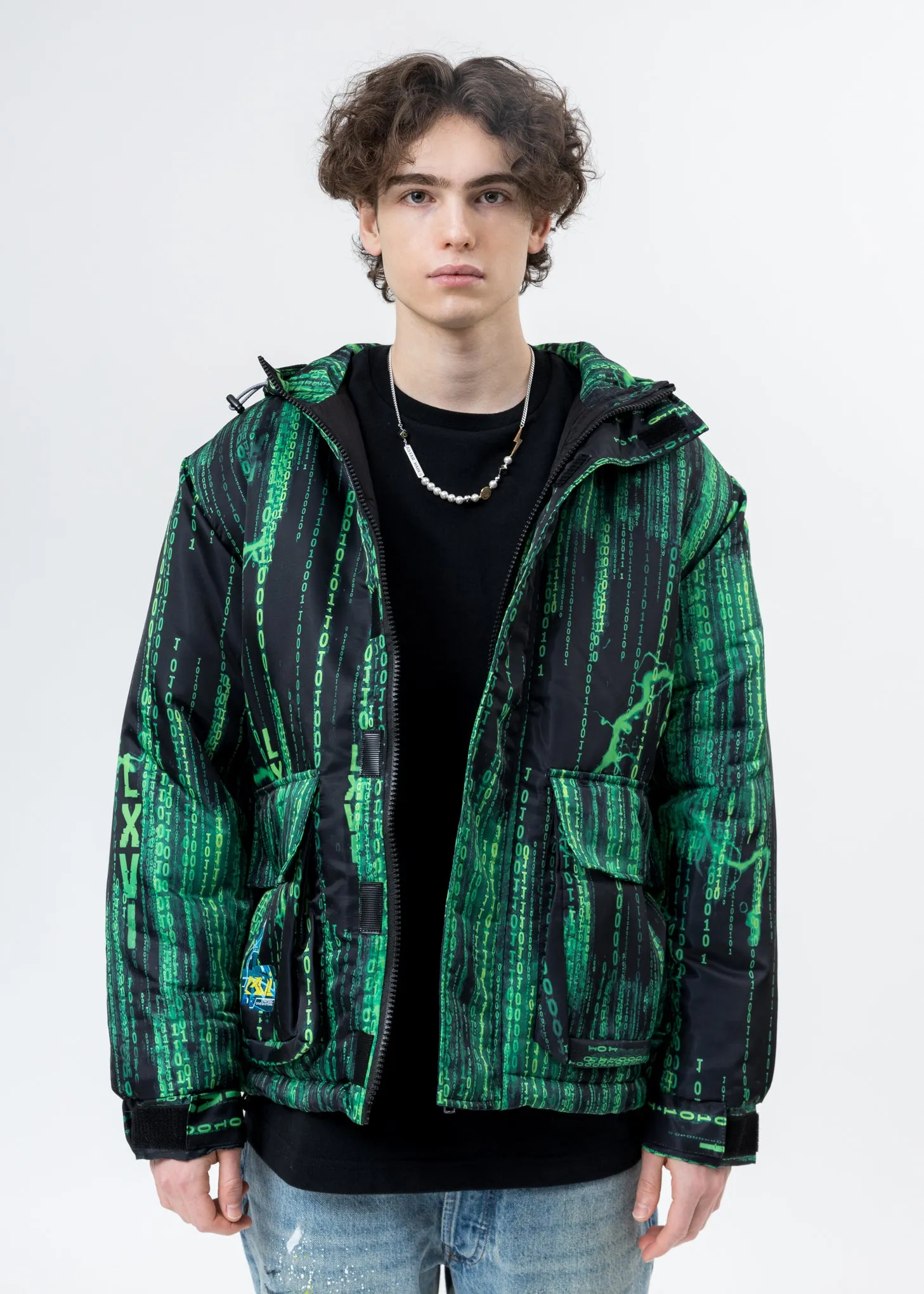 Black And Green Screen Print Down Jacket