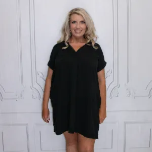 BLACK DOUBLE GAUZE RAW EDGE V-NECK DRESS
