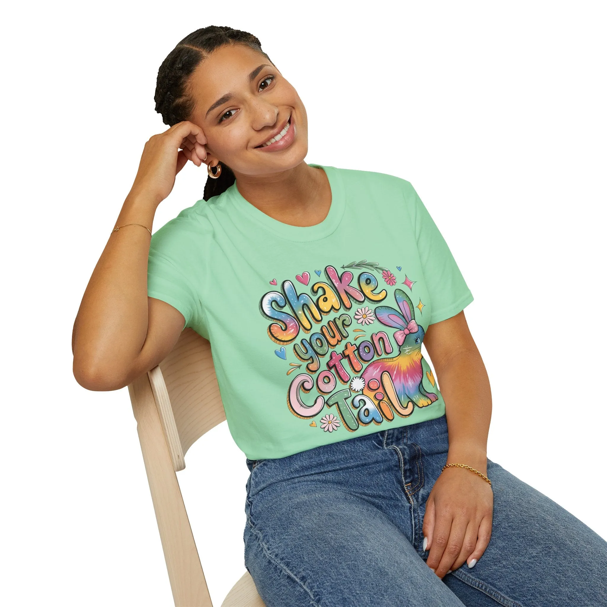 Colorful Bunny Graphic Unisex Softstyle T-Shirt - 'Shake Your Cotton Tail'