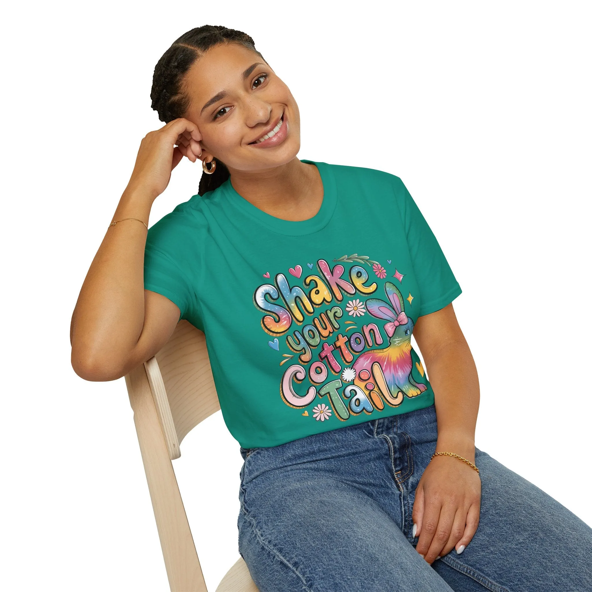 Colorful Bunny Graphic Unisex Softstyle T-Shirt - 'Shake Your Cotton Tail'
