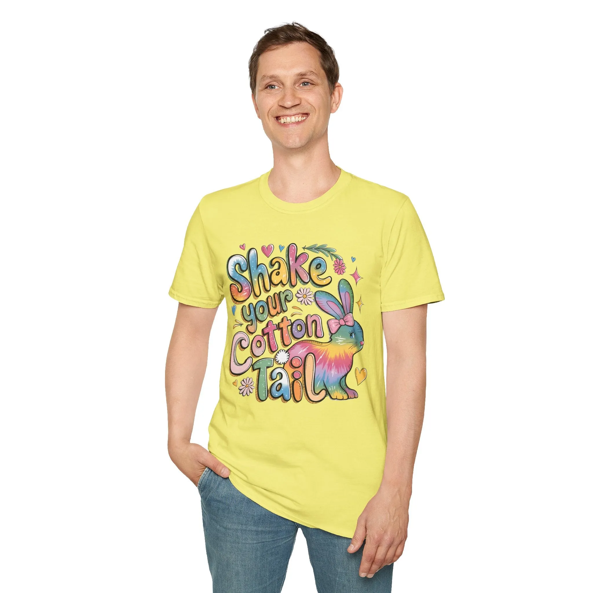 Colorful Bunny Graphic Unisex Softstyle T-Shirt - 'Shake Your Cotton Tail'
