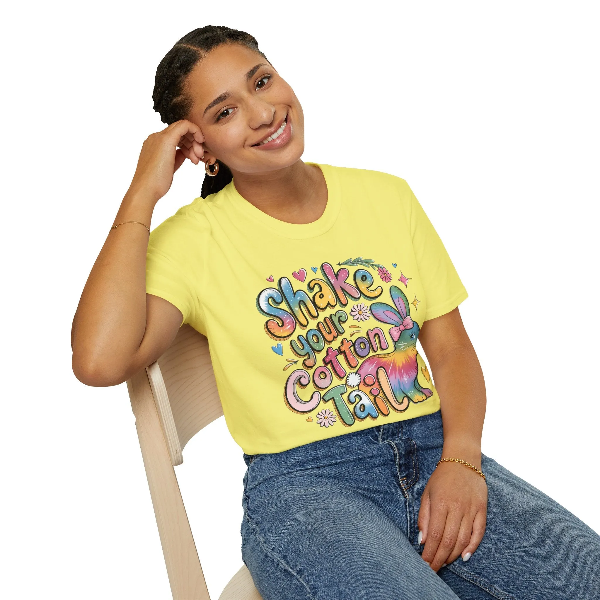 Colorful Bunny Graphic Unisex Softstyle T-Shirt - 'Shake Your Cotton Tail'