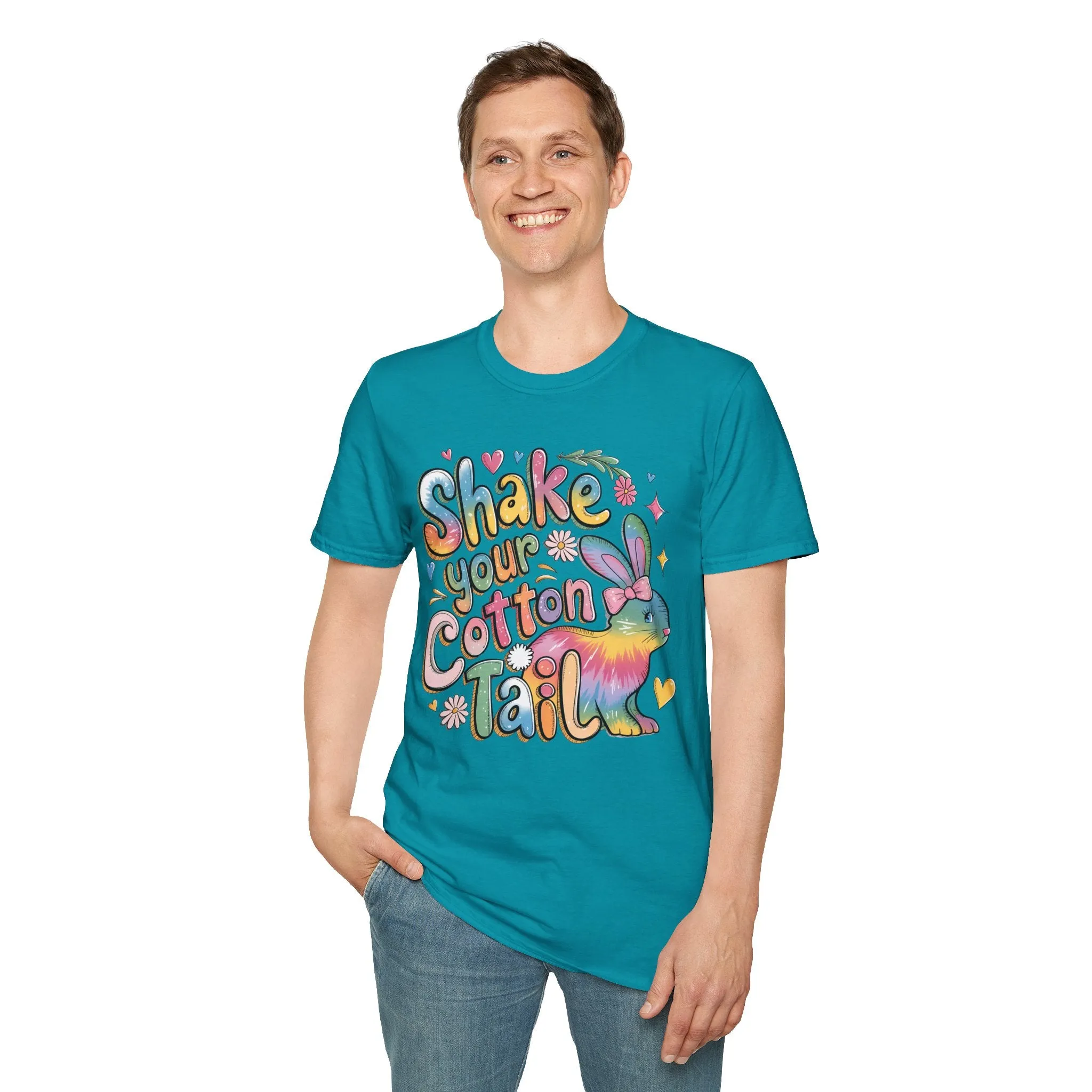 Colorful Bunny Graphic Unisex Softstyle T-Shirt - 'Shake Your Cotton Tail'