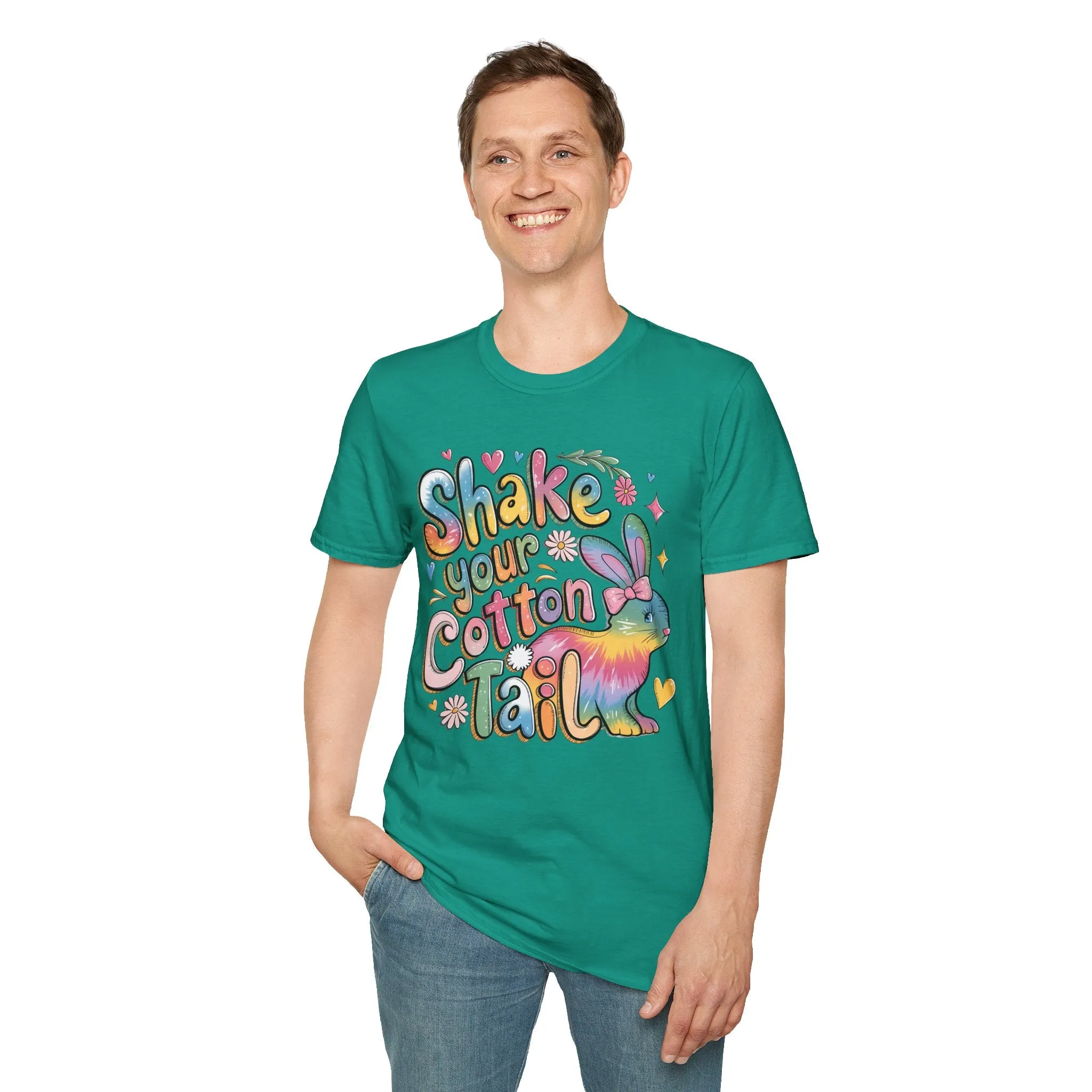 Colorful Bunny Graphic Unisex Softstyle T-Shirt - 'Shake Your Cotton Tail'