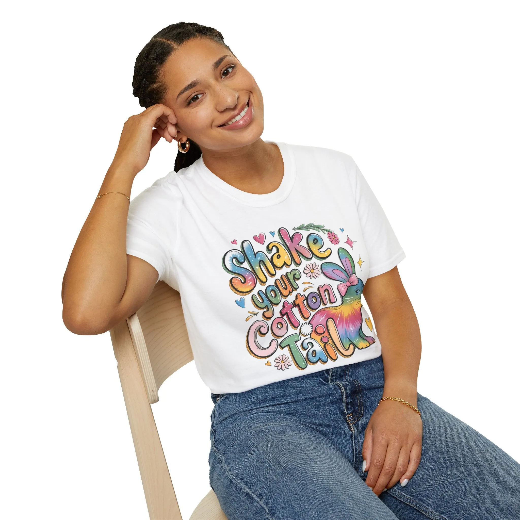 Colorful Bunny Graphic Unisex Softstyle T-Shirt - 'Shake Your Cotton Tail'
