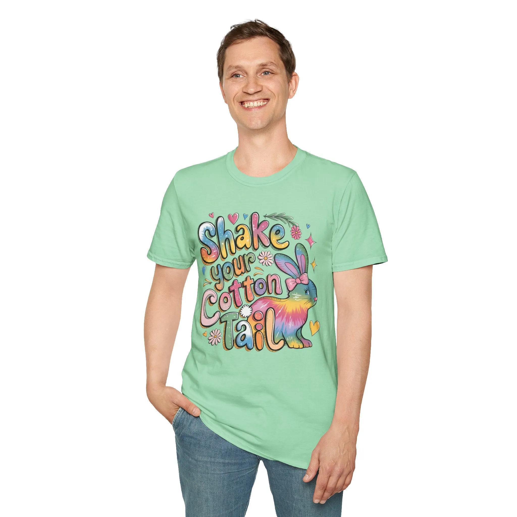 Colorful Bunny Graphic Unisex Softstyle T-Shirt - 'Shake Your Cotton Tail'