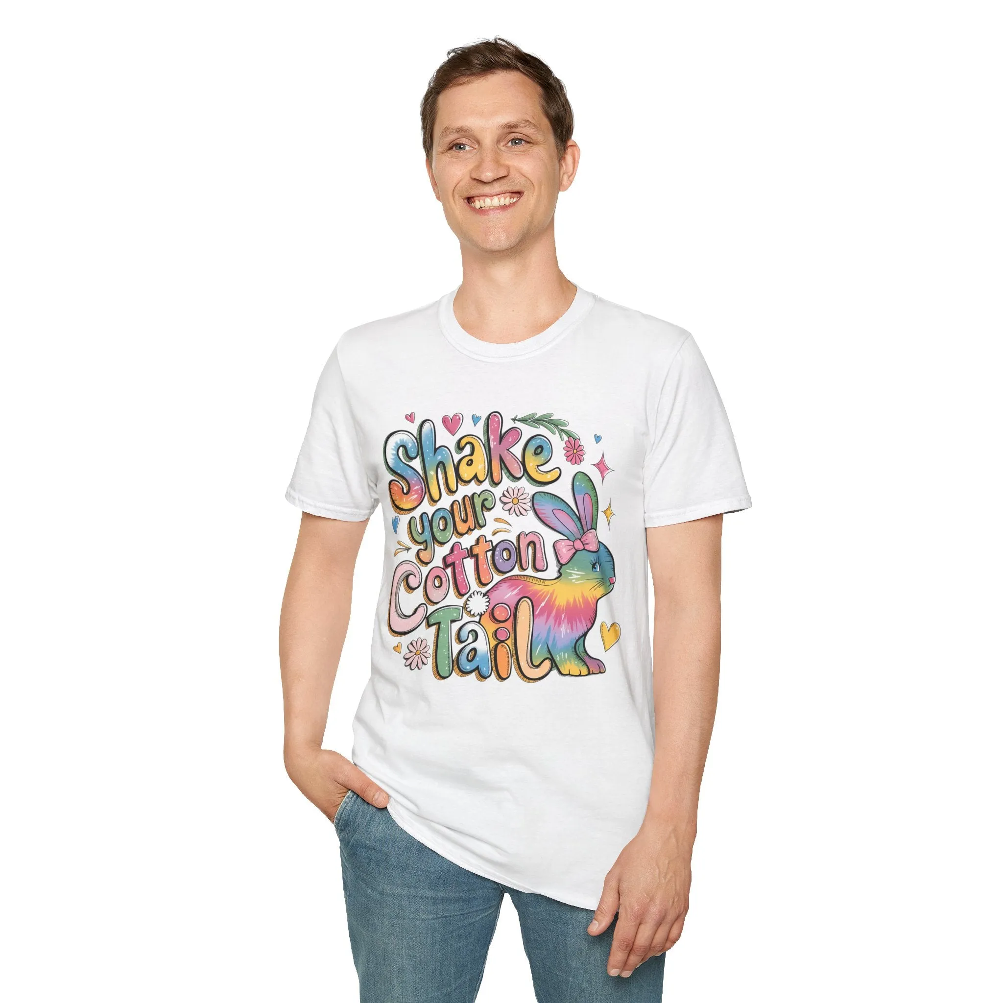 Colorful Bunny Graphic Unisex Softstyle T-Shirt - 'Shake Your Cotton Tail'