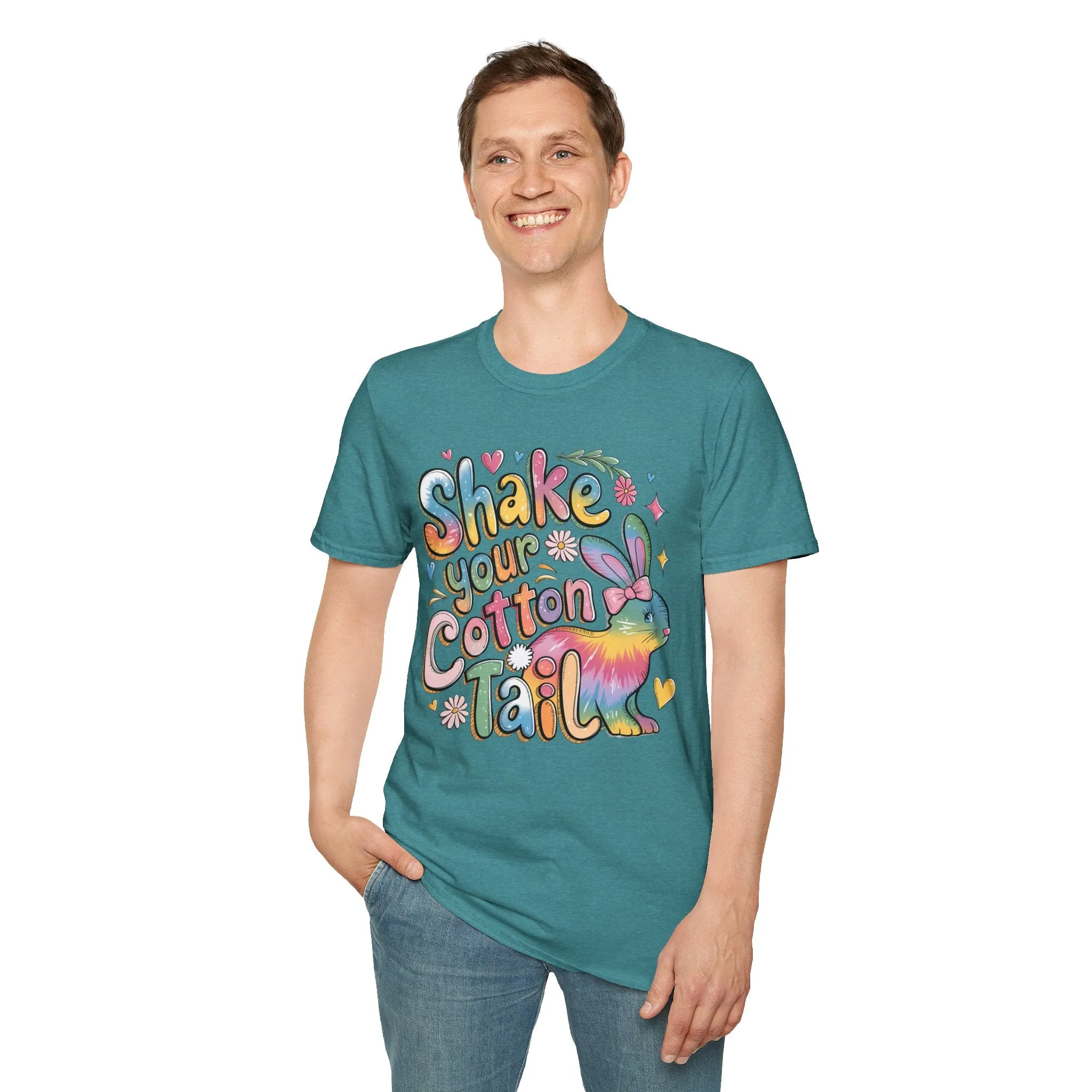 Colorful Bunny Graphic Unisex Softstyle T-Shirt - 'Shake Your Cotton Tail'
