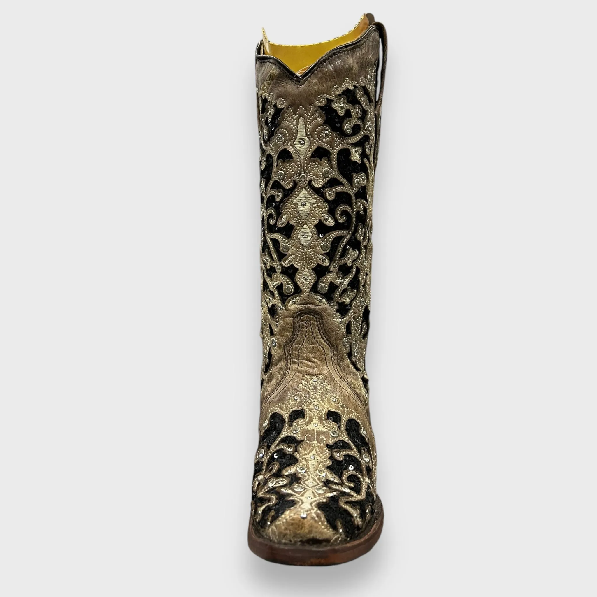 Corral A3569 Black Glitter Inlay Floral Overlay with Crystals and Studs Snip Toe Cowboy Boots