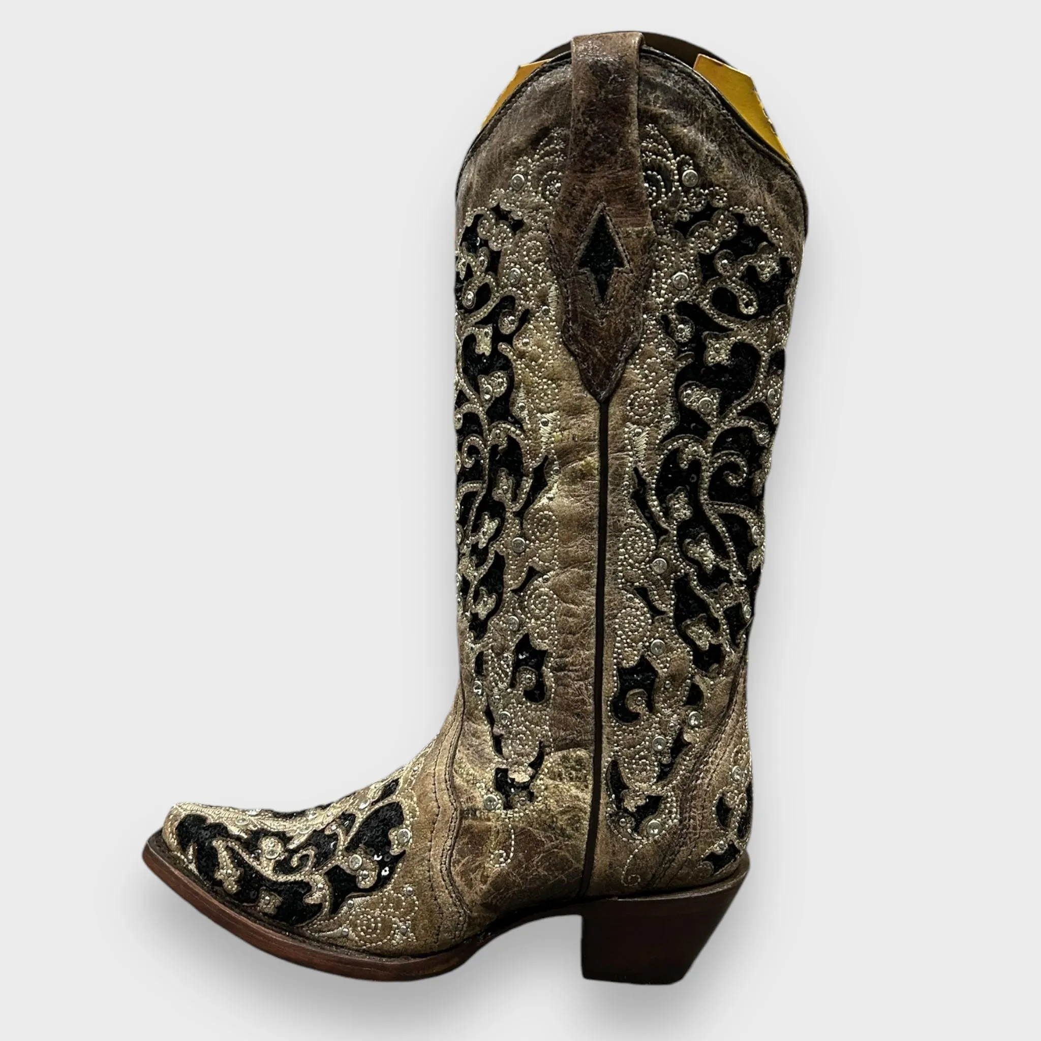 Corral A3569 Black Glitter Inlay Floral Overlay with Crystals and Studs Snip Toe Cowboy Boots