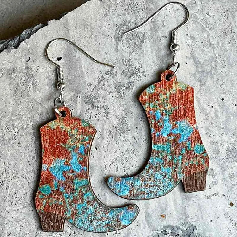 Cowboy Boots Wooden Dangle Earrings