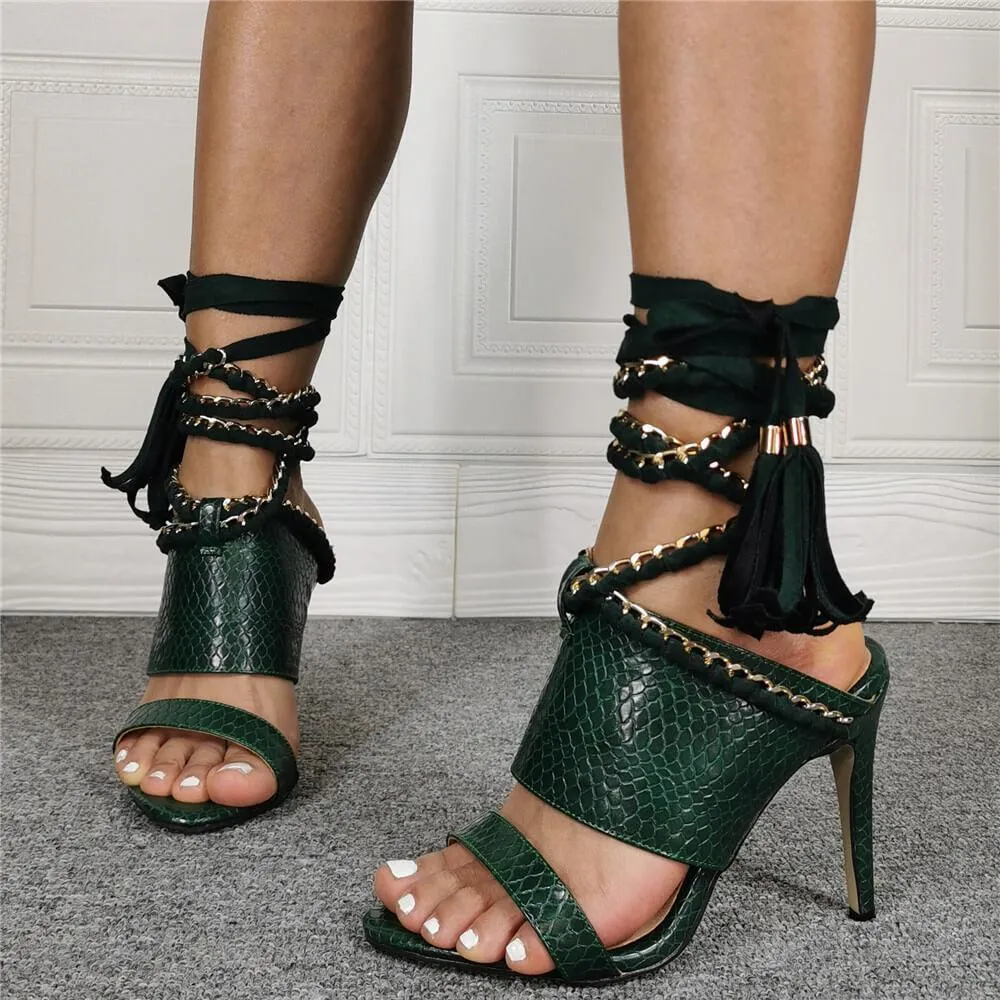 Dark Green PU Open Toe Strap High Heel Sandals