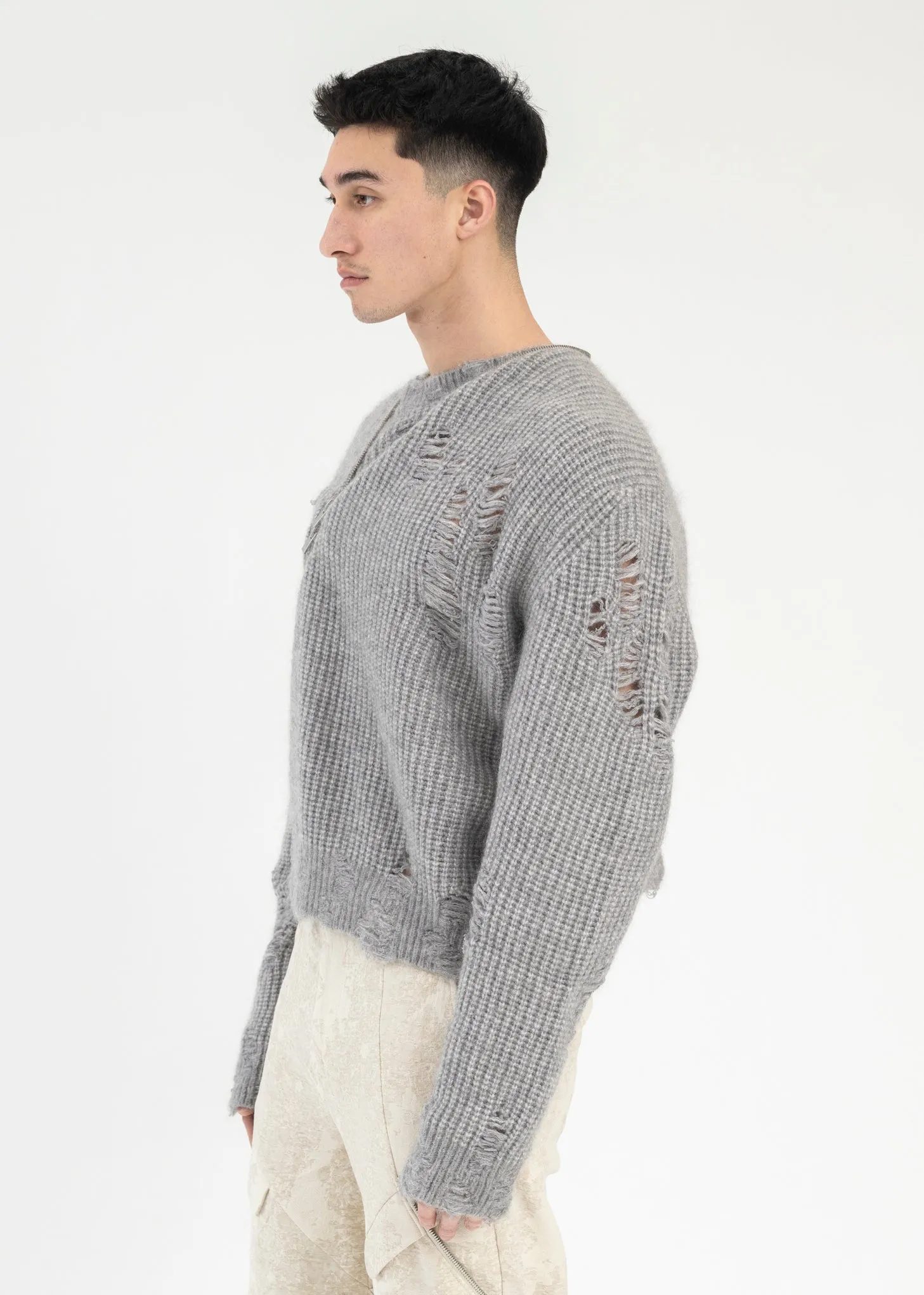 DARK GREY DISTRESSED CARDIGAN