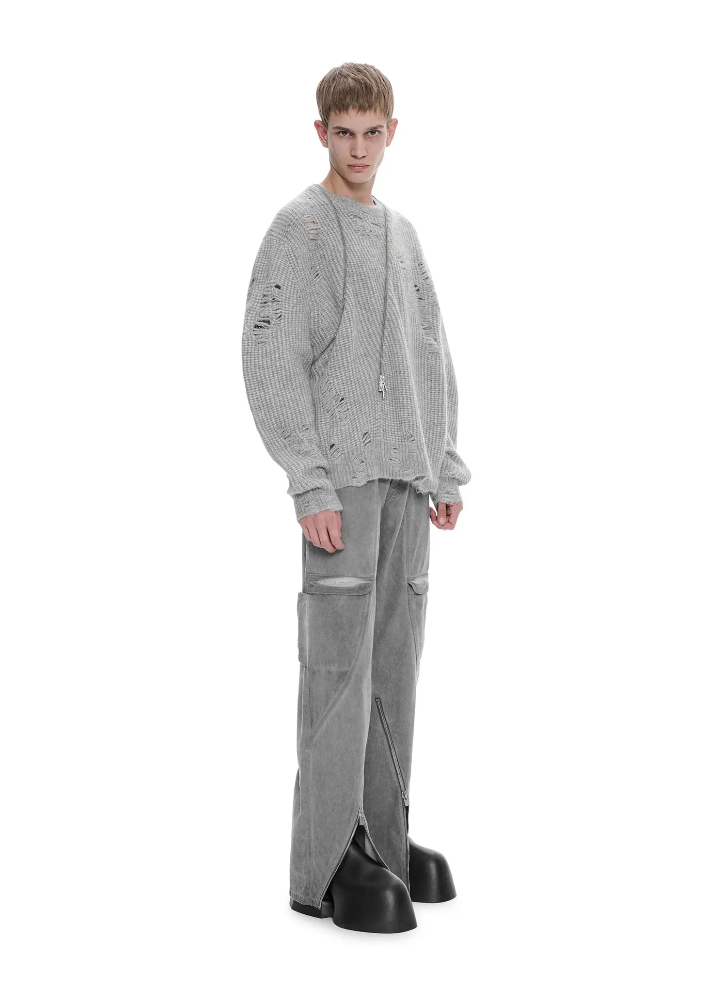 DARK GREY DISTRESSED CARDIGAN