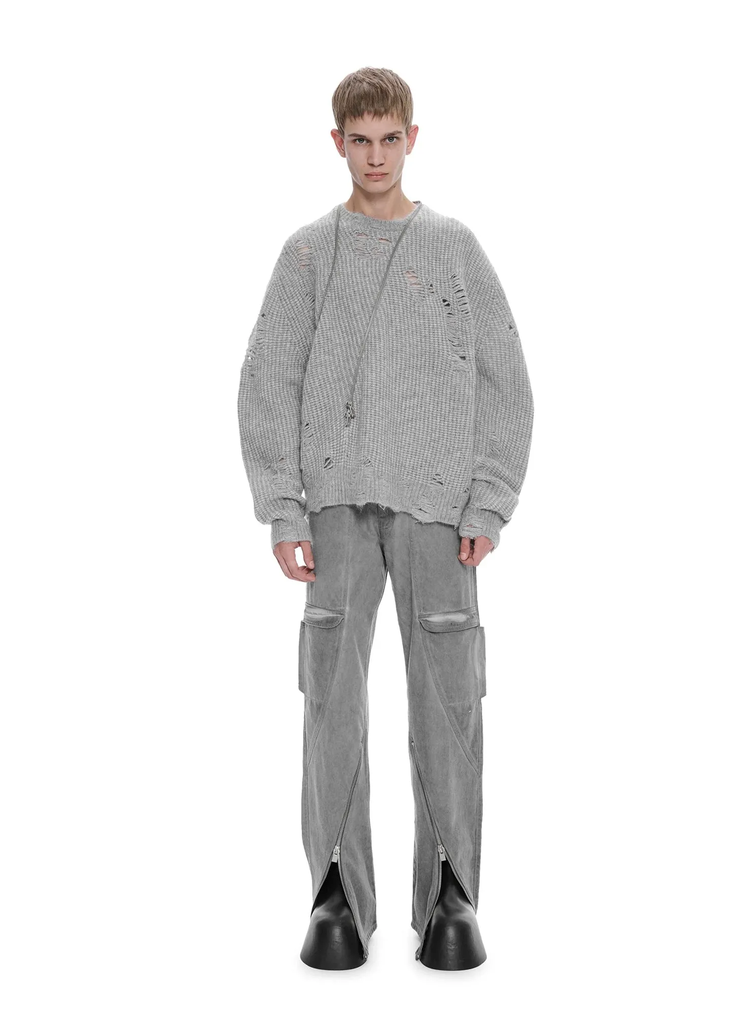 DARK GREY DISTRESSED CARDIGAN