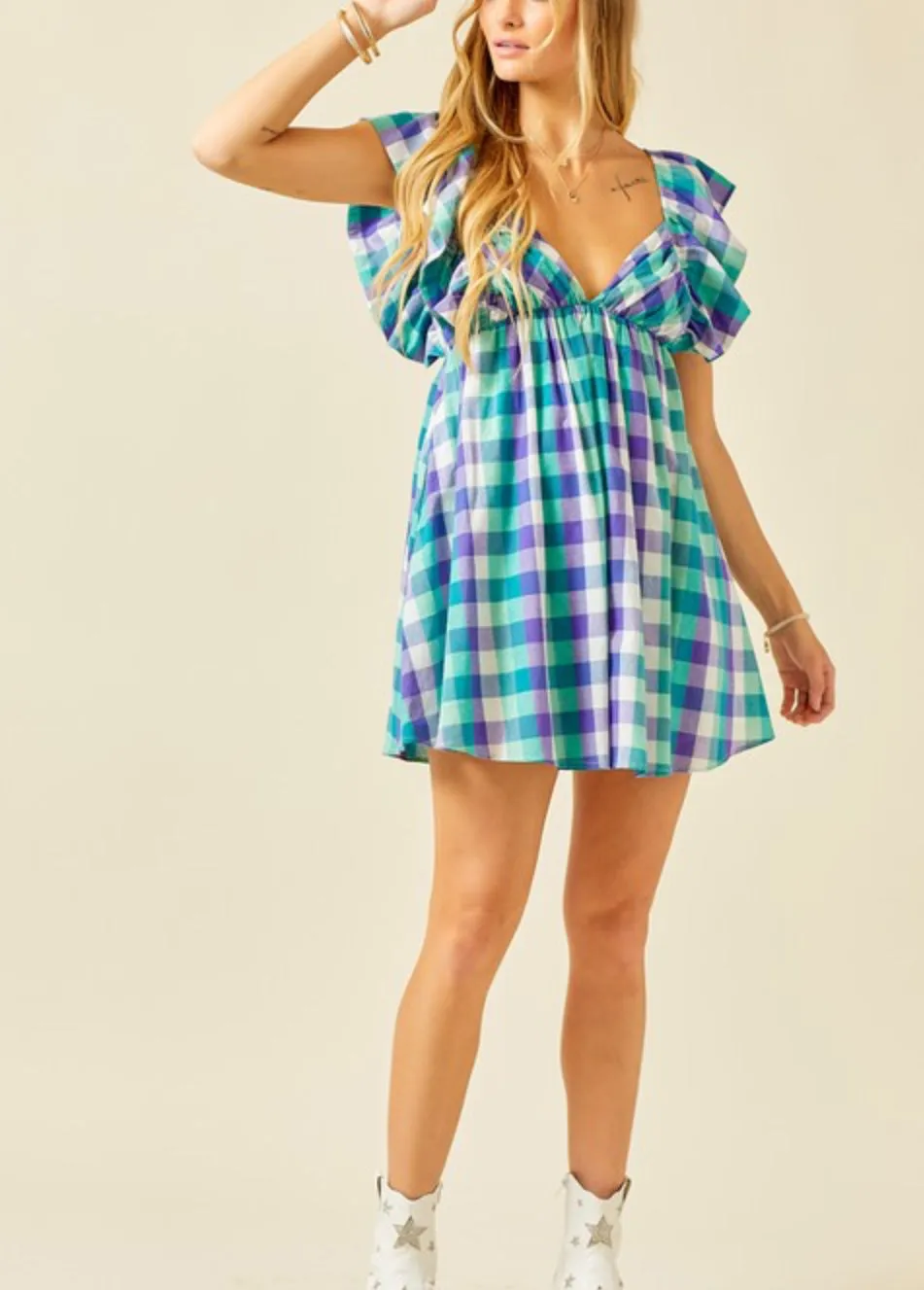 Dillon Plaid green/purple multi color mini dress