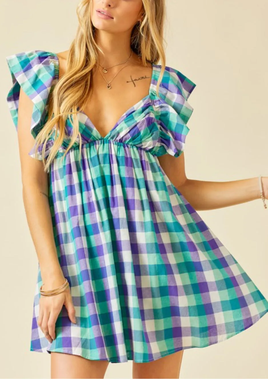 Dillon Plaid green/purple multi color mini dress