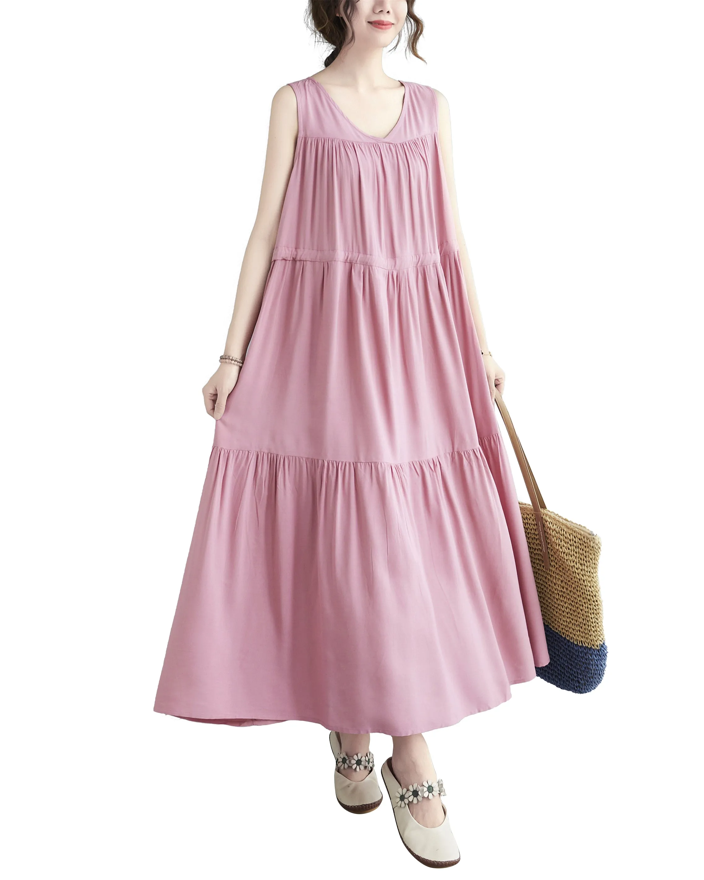 ellazhu Women Sleeveless Maxi Length V-Neck Solid Color Casual Tank Dress GA2575