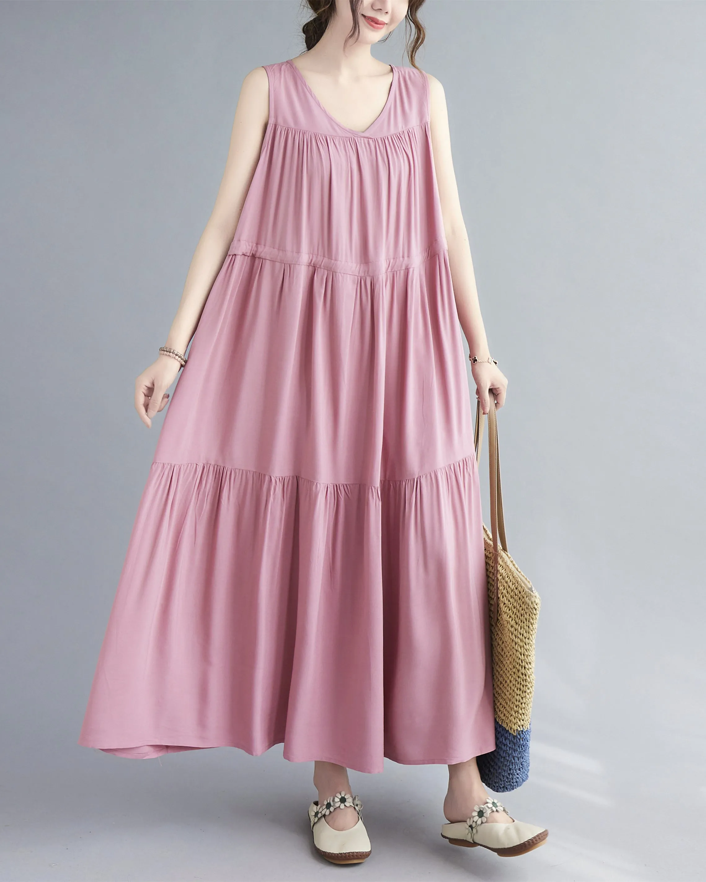 ellazhu Women Sleeveless Maxi Length V-Neck Solid Color Casual Tank Dress GA2575