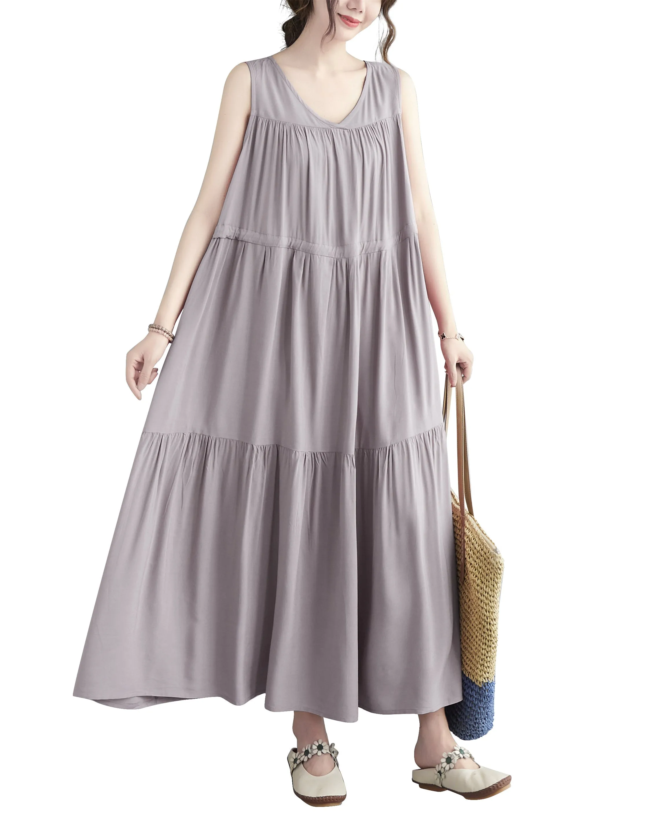 ellazhu Women Sleeveless Maxi Length V-Neck Solid Color Casual Tank Dress GA2575