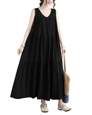 ellazhu Women Sleeveless Maxi Length V-Neck Solid Color Casual Tank Dress GA2575