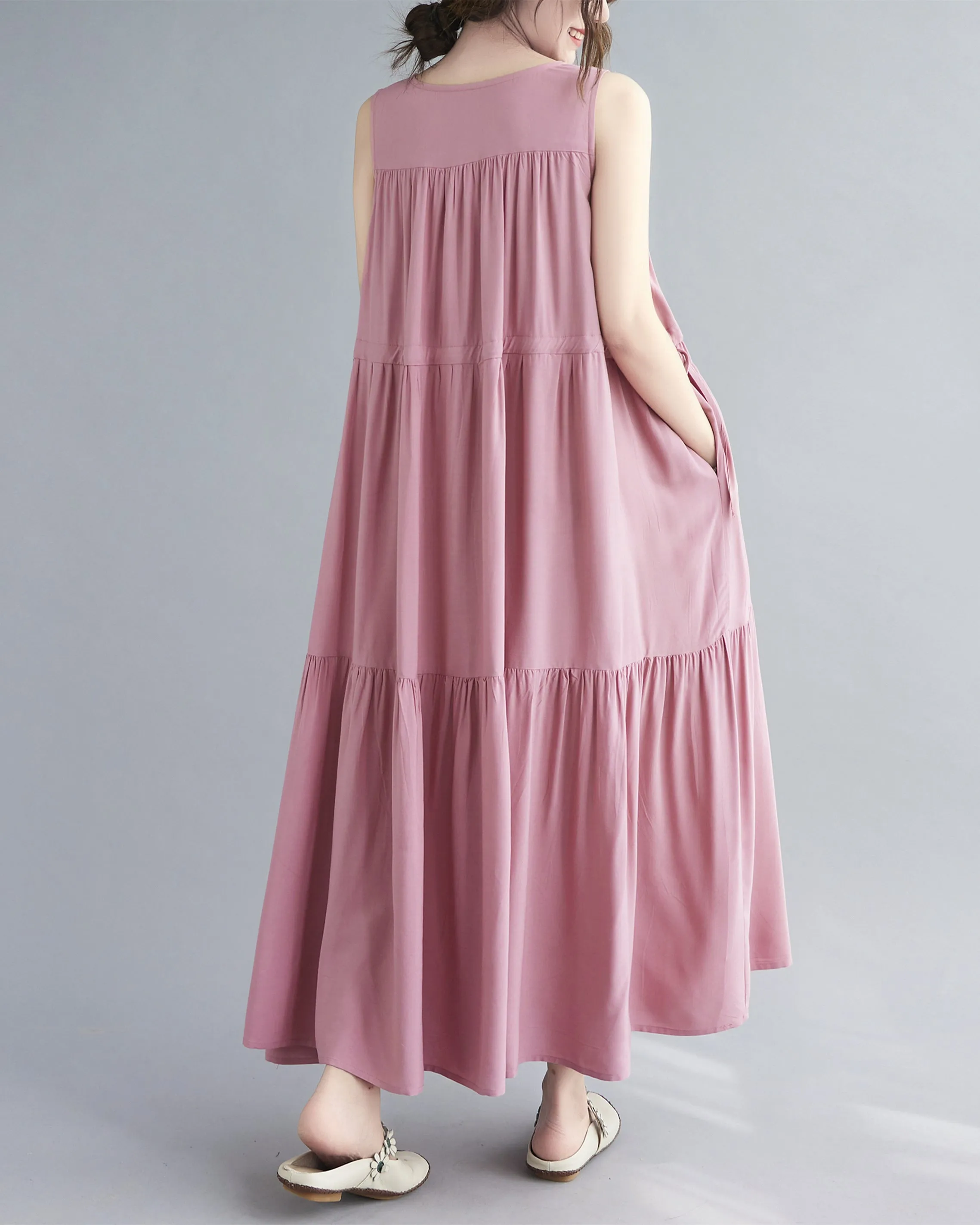 ellazhu Women Sleeveless Maxi Length V-Neck Solid Color Casual Tank Dress GA2575