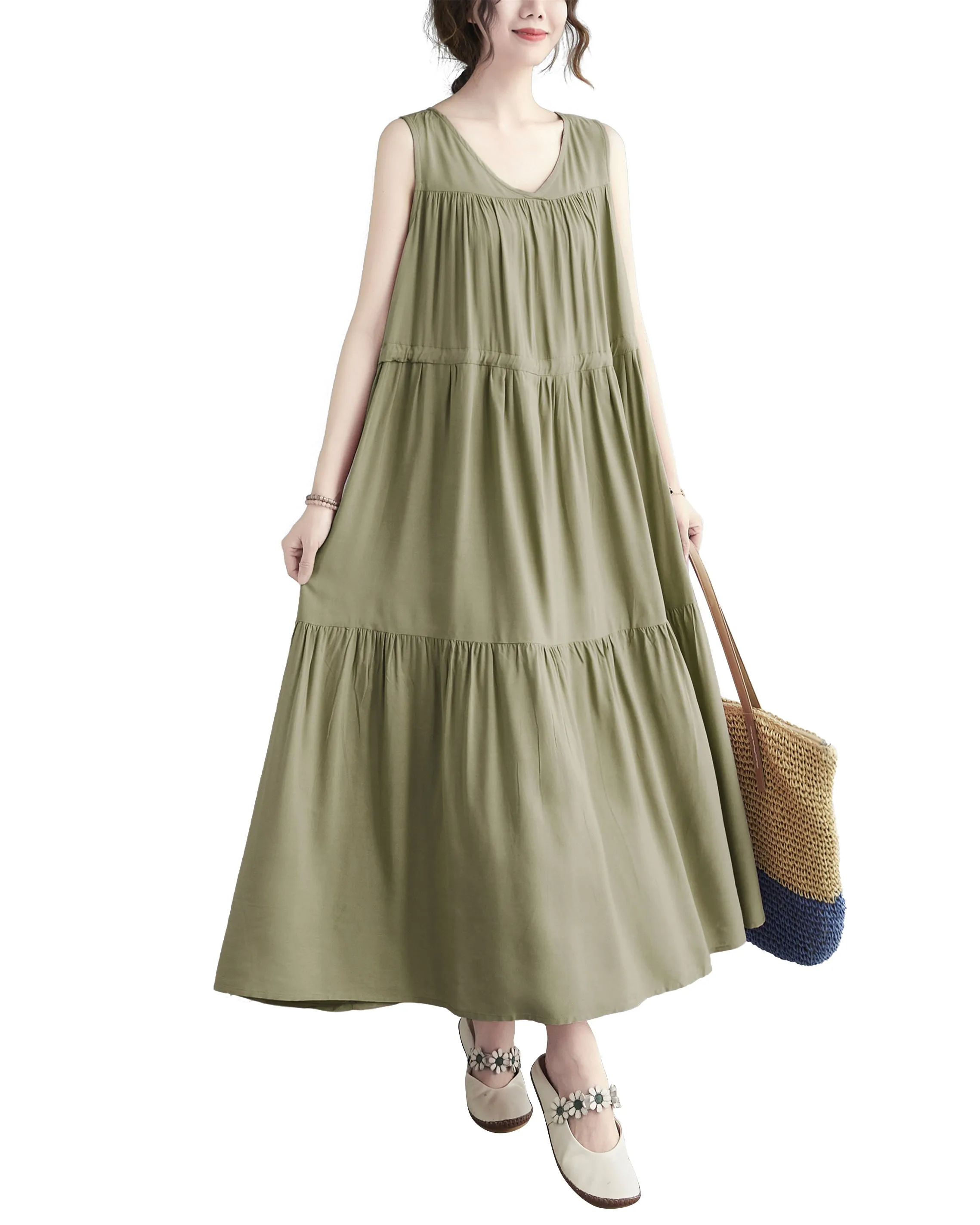 ellazhu Women Sleeveless Maxi Length V-Neck Solid Color Casual Tank Dress GA2575