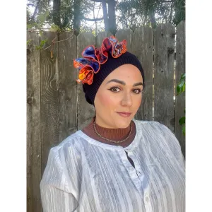 Embellished Cotton French Beret - Navy/Orange