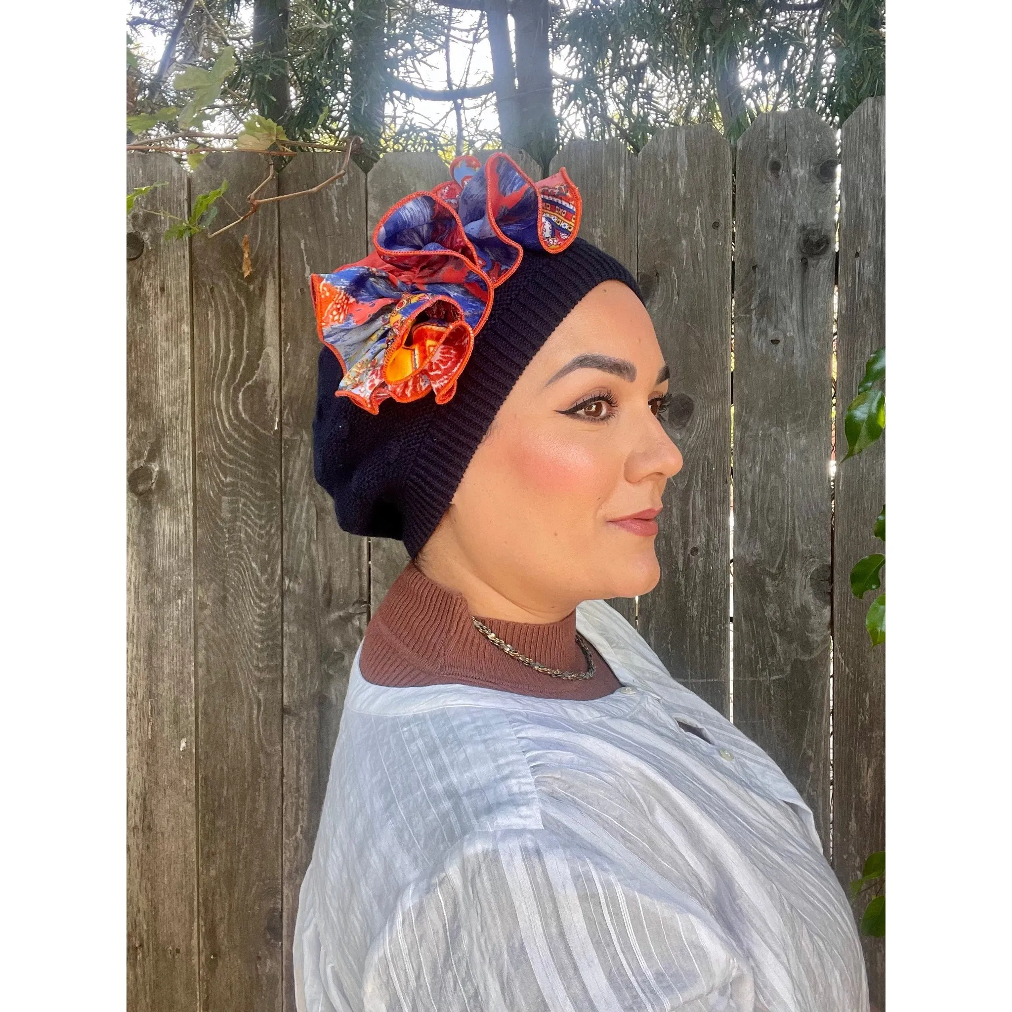 Embellished Cotton French Beret - Navy/Orange