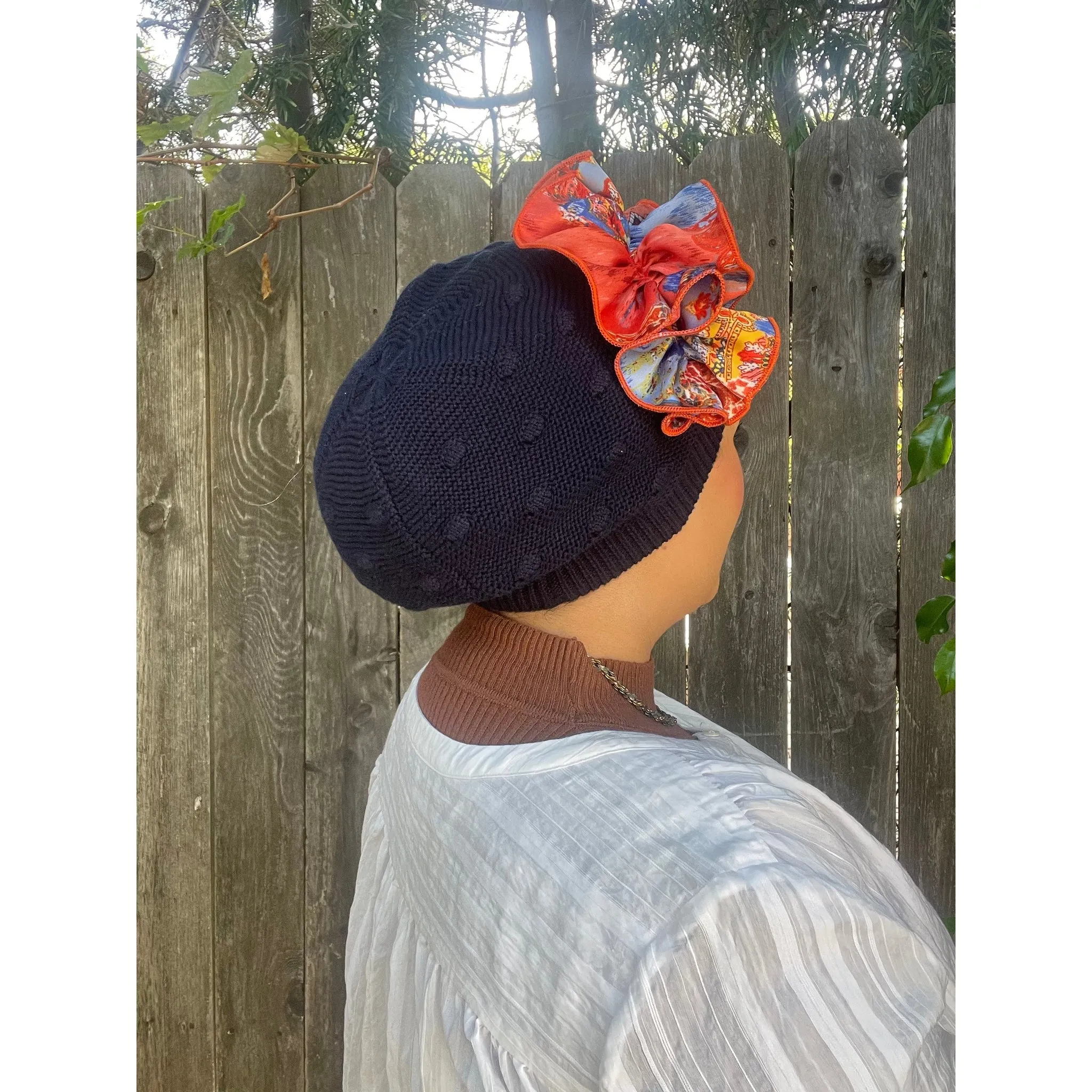 Embellished Cotton French Beret - Navy/Orange