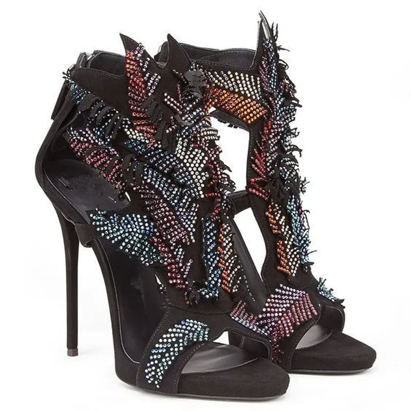 Fashion Black Suede Rhinestone High Heel Sandals