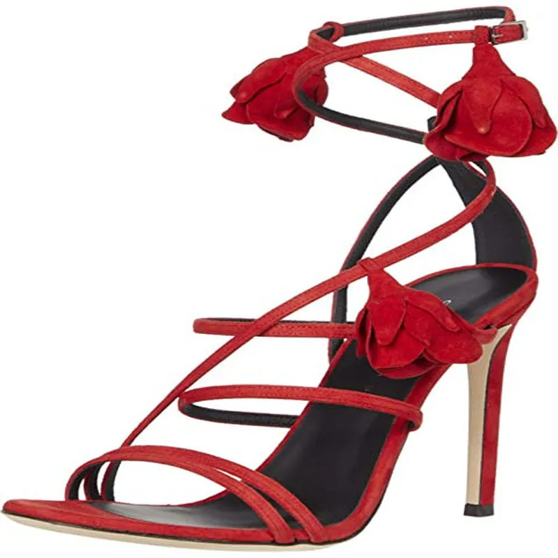 Flower Suede Buckle Open Toe High Heel Sandals