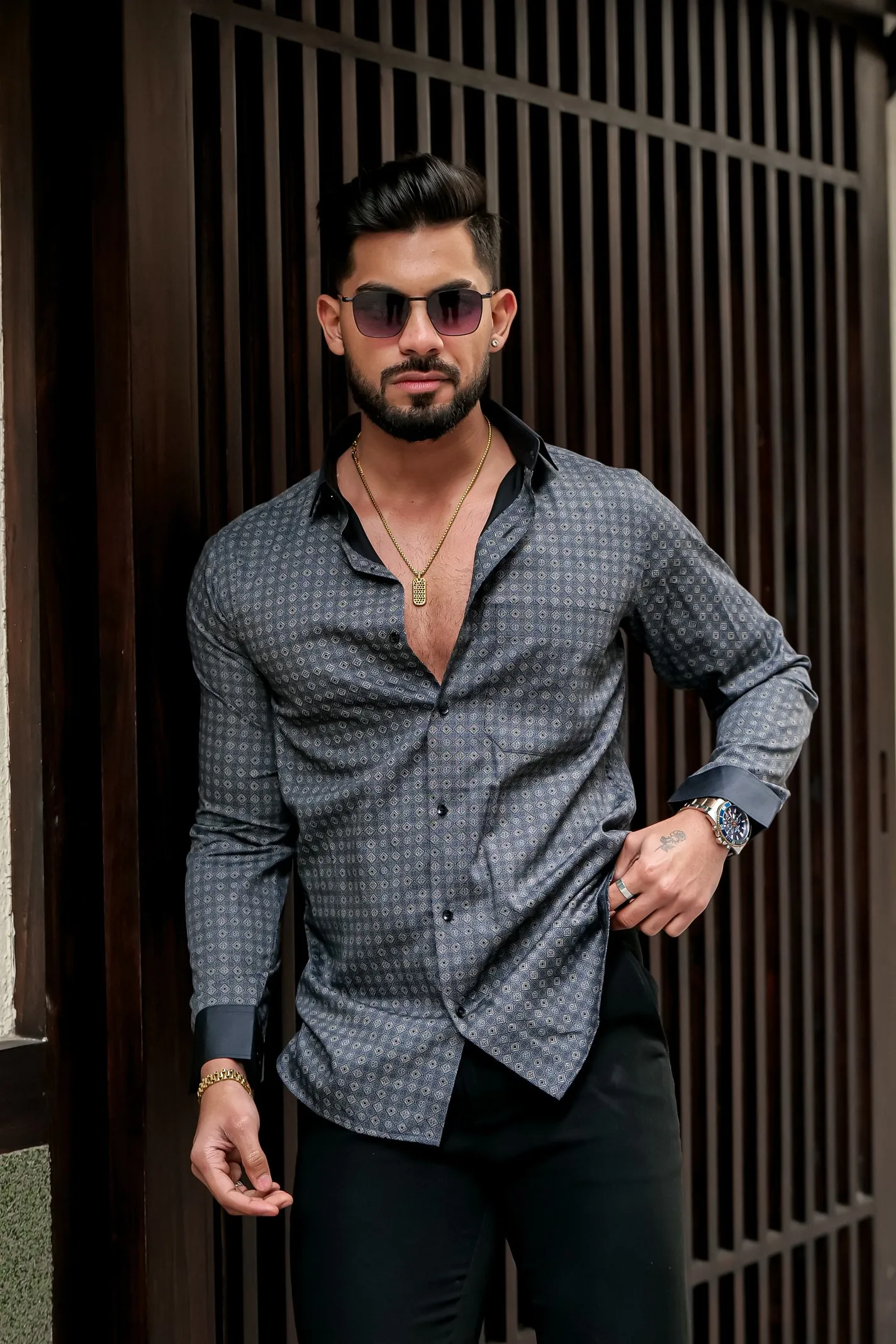 GREAY PRINT BLACK COLLAR PREMIUM SHIRT