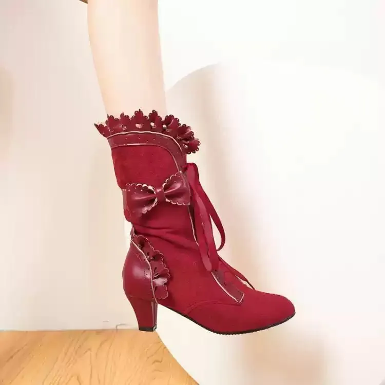 Handmade Vintage Victorian Lace-Up Ankle Boots with Bow Detail - Retro Shoes