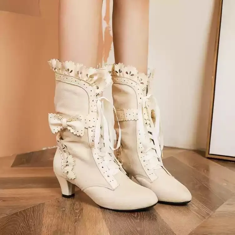 Handmade Vintage Victorian Lace-Up Ankle Boots with Bow Detail - Retro Shoes