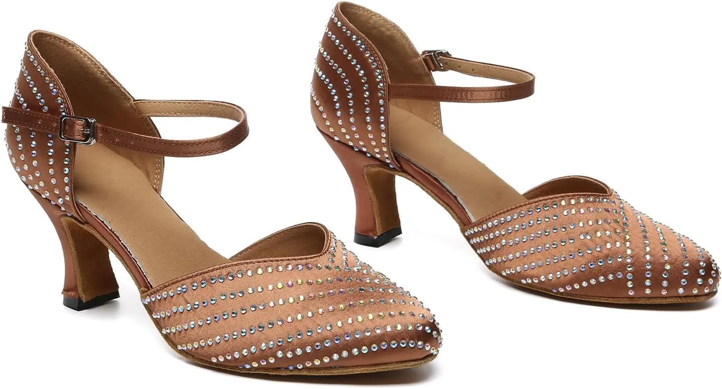 HIPPOSEUS Women's Closed Toe Latin Dance Heels Rhinestone Comfortable Ballroom Dancing Pumps,Model YCL