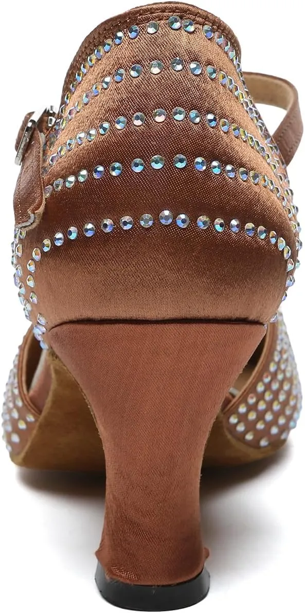 HIPPOSEUS Women's Closed Toe Latin Dance Heels Rhinestone Comfortable Ballroom Dancing Pumps,Model YCL