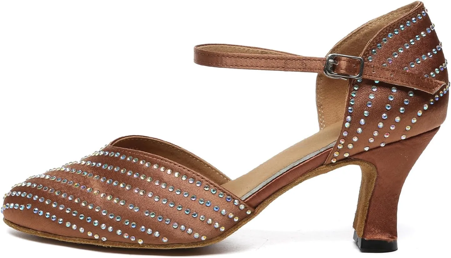 HIPPOSEUS Women's Closed Toe Latin Dance Heels Rhinestone Comfortable Ballroom Dancing Pumps,Model YCL
